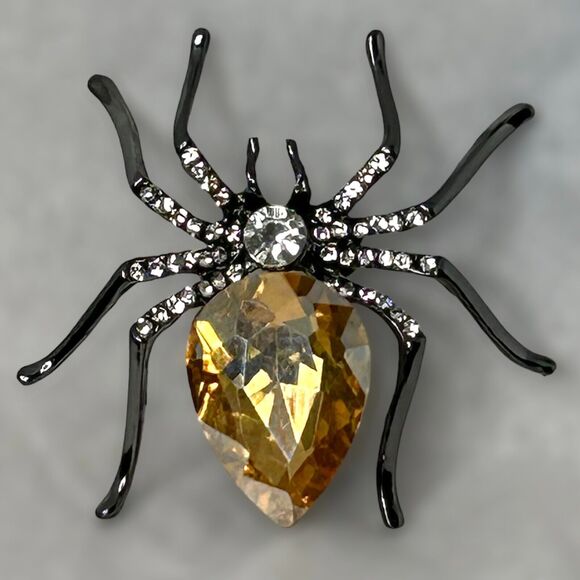 Champagne Crystal Spider Pin Brooch Amber Rhodium Plated Brass 2" Gothic Emo - Picture 2 of 7
